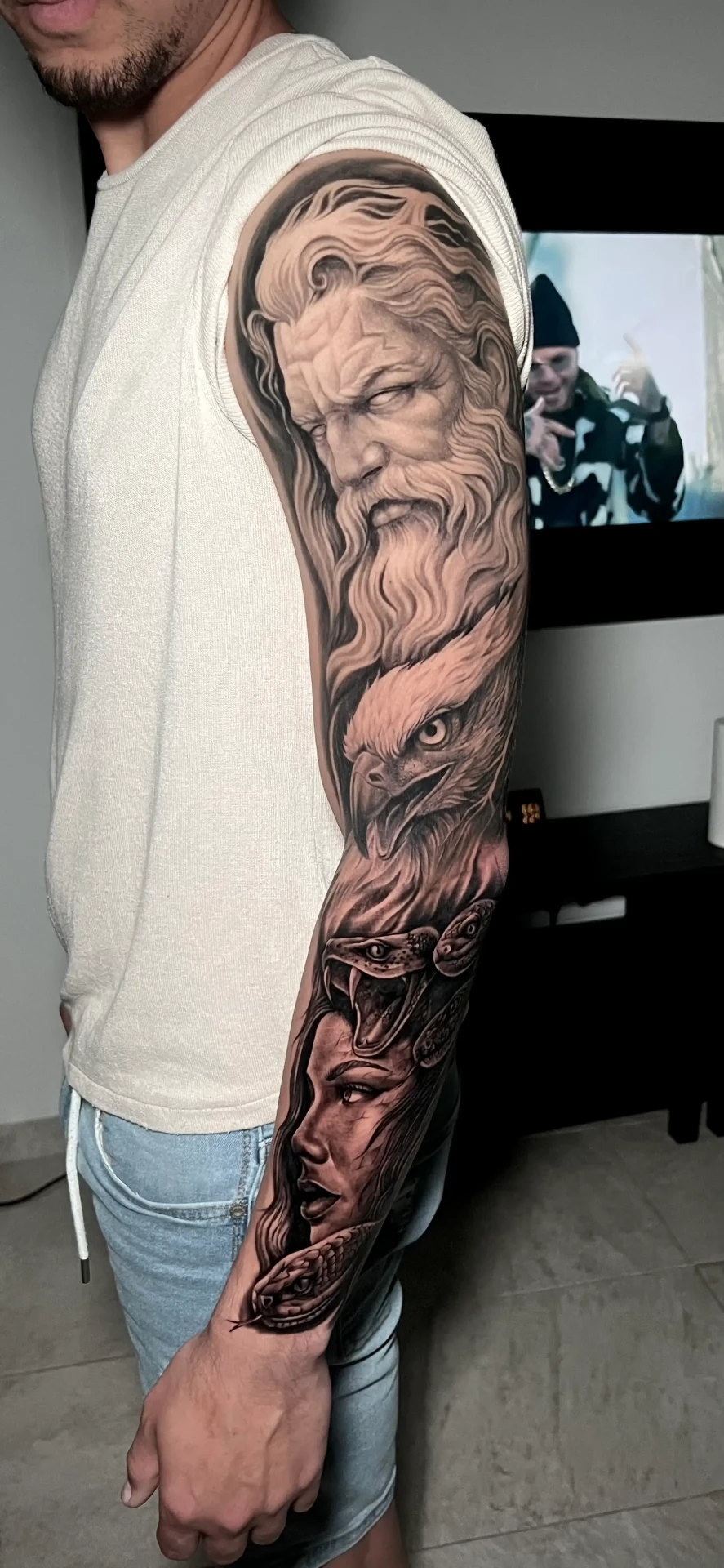 Cover-up tattoo sleeve — Cristian Pacheco Madrid Black and grey realism sleeve cover-up by Cristian Pacheco in Madrid